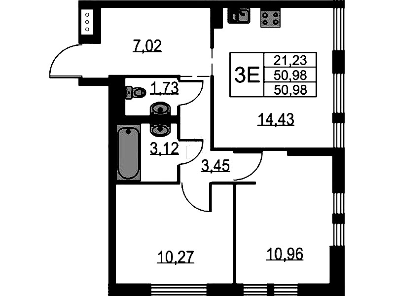 2-комнатная квартира 50.98 м², 1/17 эт., ЖК «Невская Долина»